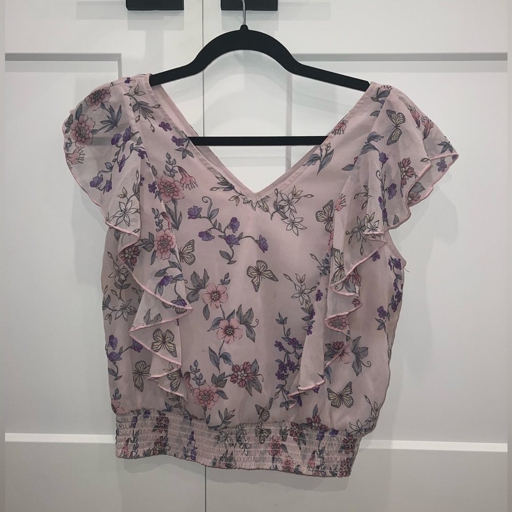 Japna Pink Floral Ruffle Smocked Crop Top